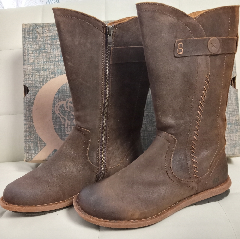 Born Women Mid Calf Riding Boots Tonic Size US 10M Rust Brown Distressed suede